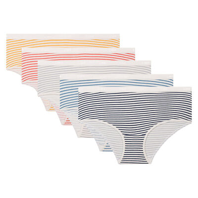 5 pack shorties with retro stripes print Dim Les Pockets Stretch Cotton, , DIM