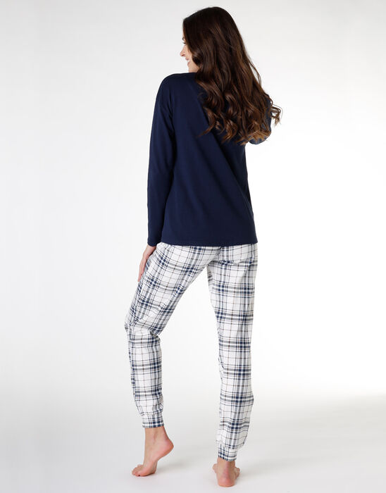 Ladies long pyjama set with grandad collar in 100% cotton interlock, blue, , DIM