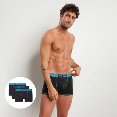 Mix and Colours pack of 3 black cotton trunks with colourful waistband in green and purple, , DIM