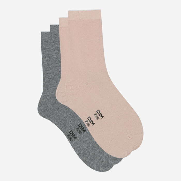 Pack of 2 pairs of pink and gray basic cotton women's socks, , DIM