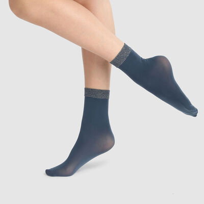 Dim Style 23D fancy ankle socks in pure petrol blue with lurex ankle band, , DIM