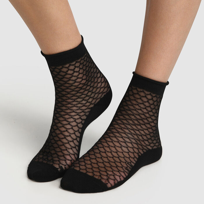Women's cotton sock with transparent tortoiseshell motif Black Made in France, , DIM