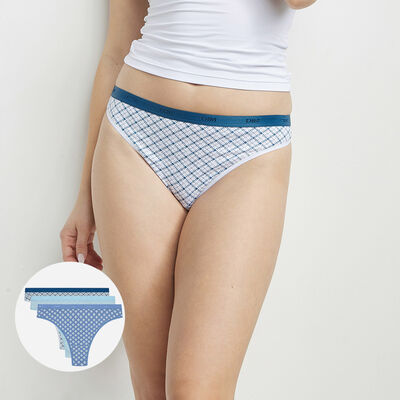 Pack of 3 blue stretch cotton thongs with geometric patterns Les Pockets, , DIM