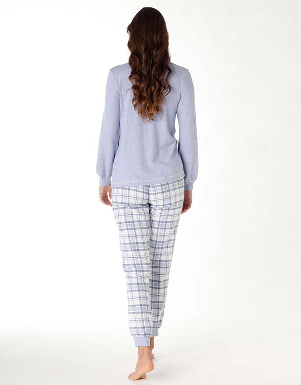 Women's long pyjamas in warm knitwear and powder blue flannel, , DIM