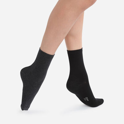 Pack of 2 pairs of charcoal & black mid calf socks for women, , DIM