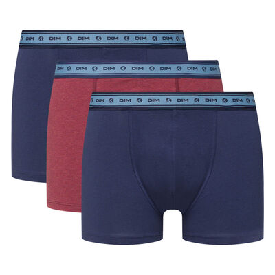 Green by Dim pack of 3 men's organic stretch cotton trunks in wine red and denim blue, , DIM