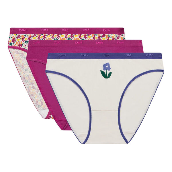 Pack of 3 women's knickers in Fuschia stretch cotton with flowers Les  Pockets