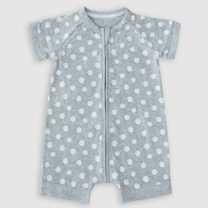 Dim Baby Grey grey cotton stretch baby romper with white polka dots pattern, , DIM