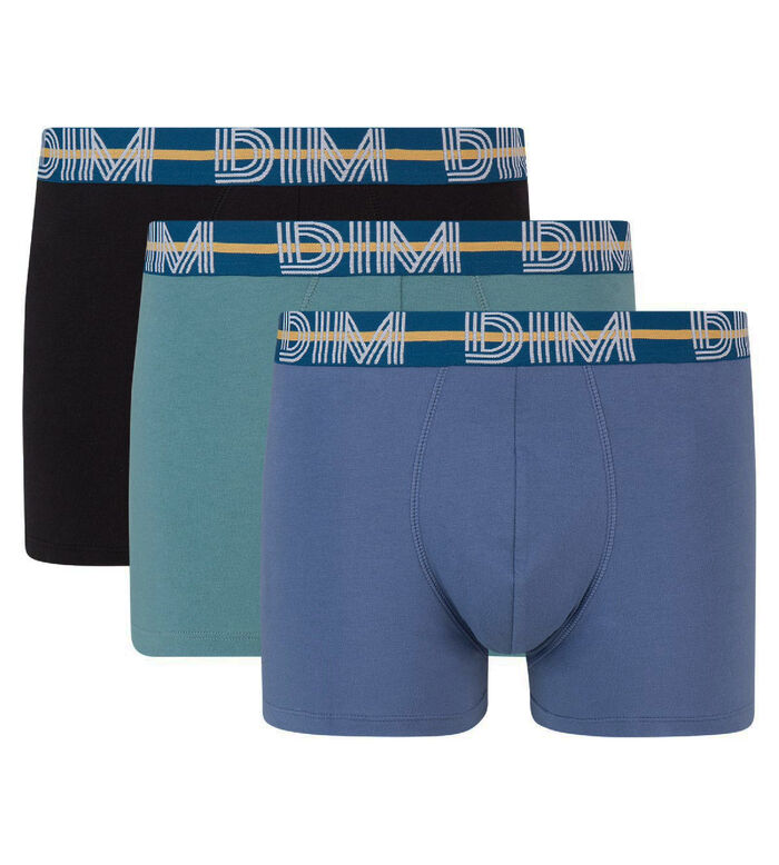 Dim Powerful 3 pack stretch cotton trunks in blue and black with contrast waistband, , DIM