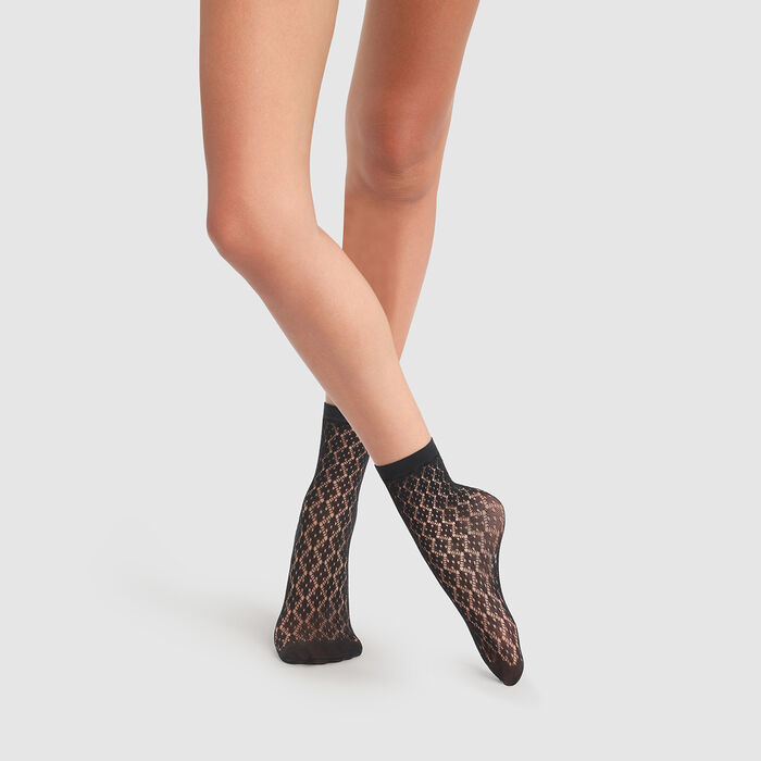 Dim Style Fancy black mesh ankle socks featuring a retro flower print, , DIM
