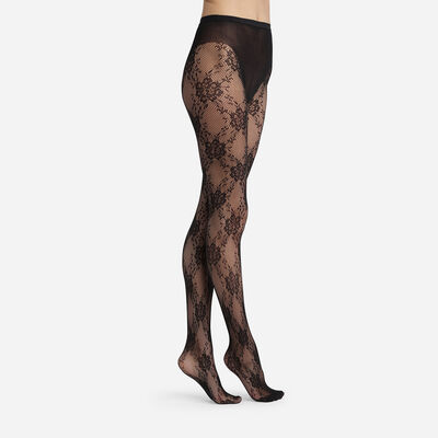 Women's Black Dim Style fishnet and flower lace sheer tights, , DIM
