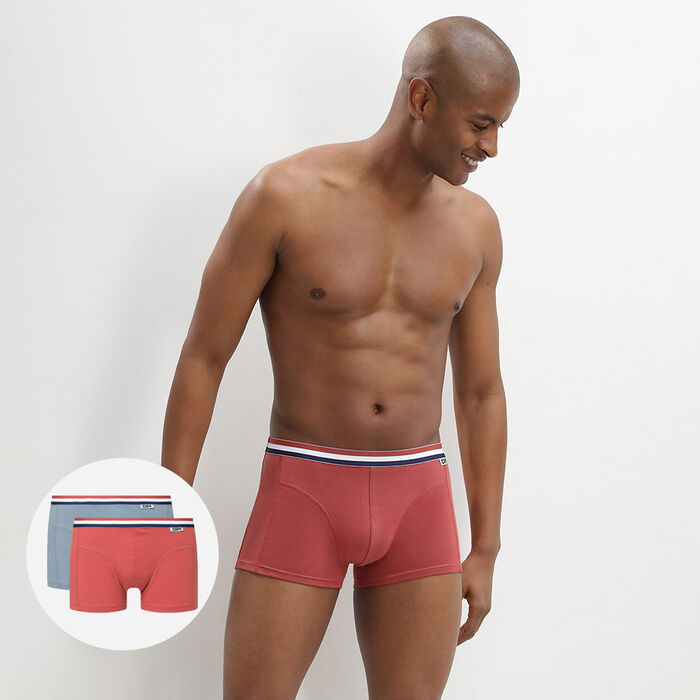 Pack of 2 stretch cotton trunks with three-coloured waistband red grey EcoDIM, , DIM