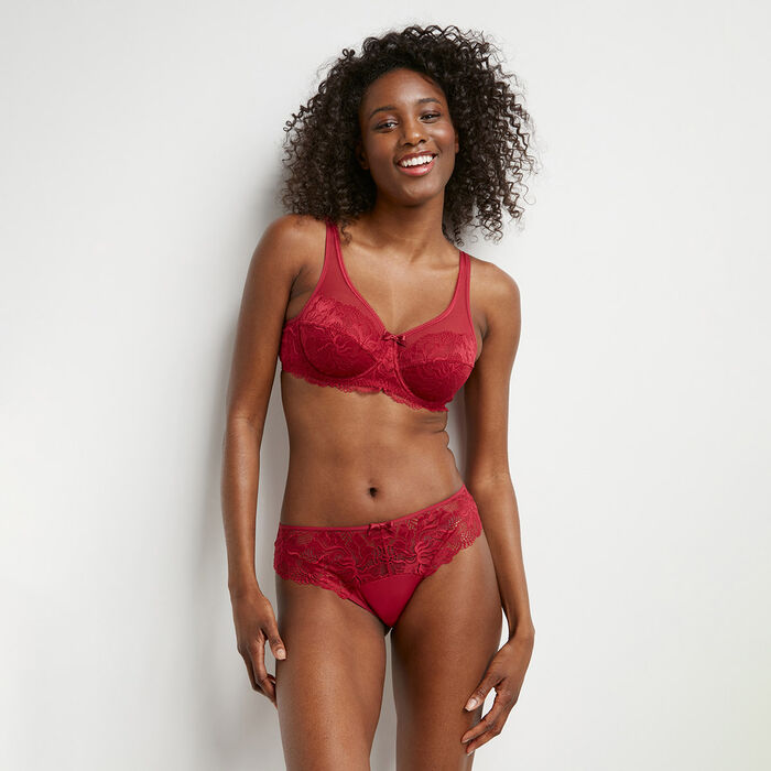 Essentiel Generous Burgundy lace and tulle full cup bra, , DIM