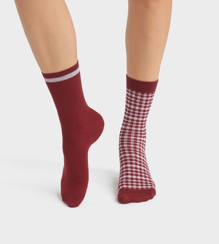 Pack of 2 pairs of women's socks with gingham pattern in red Dim Cotton Style, , DIM