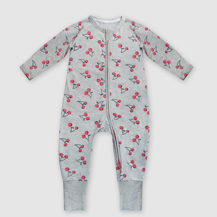 Dim Baby Grey stretch cotton baby pyjamas with cherry print zipper, , DIM