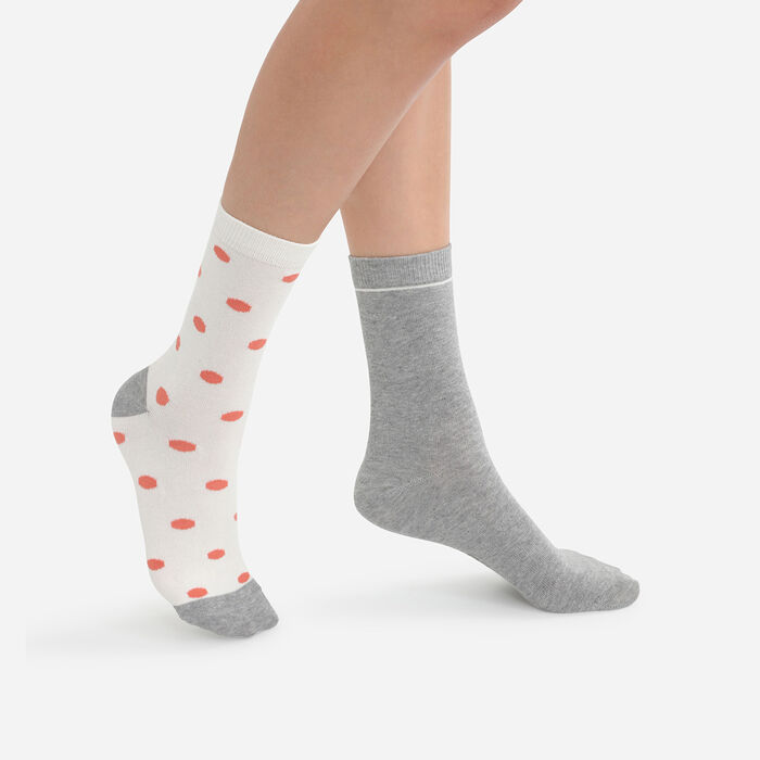 Pack of 2 pairs of women's ivory cotton style polka-dot socks, , DIM
