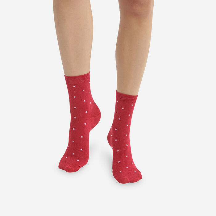 Women's ankle socks in shiny lurex Raspberry Red with polka dots Madame Dim, , DIM