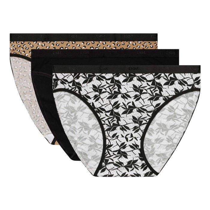 Pack of 3 women's Black Les Pockets stretch cotton knickers with a sketelon pattern, , DIM