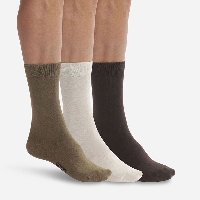 Pack of 3 pairs of men's Khaki Brown Dim Basic Cotton socks, , DIM