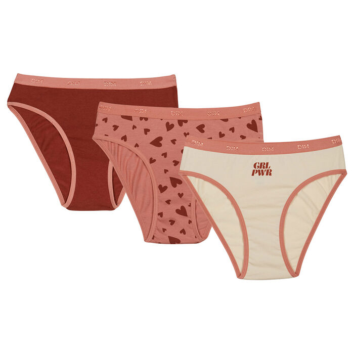 Les Pockets Pack of 3 Sand girls' stretch cotton briefs with heart motifs, , DIM