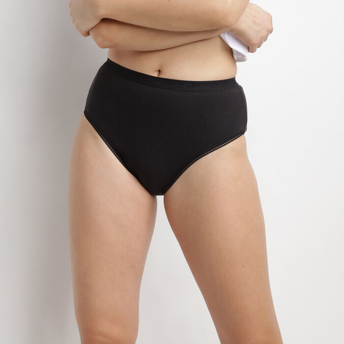 Pack of 2 pairs of Pur Coton high rise bikini knickers in black, , DIM