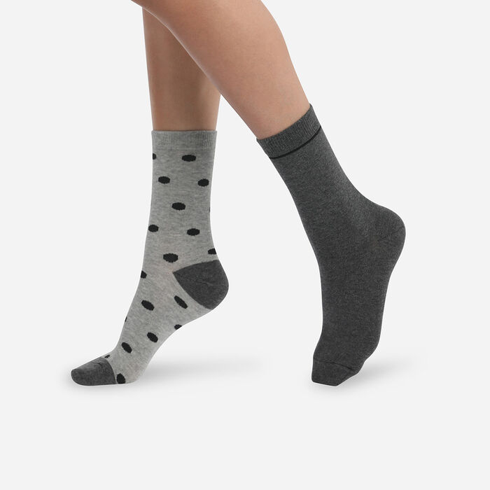 Pack of 2 pairs of women's gray cotton style polka dot socks, , DIM
