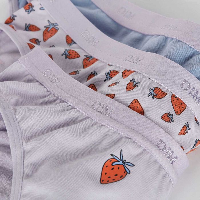 Les Pockets Pack of 3 Lilac girl's knickers in stretch cotton with strawberry pattern, , DIM
