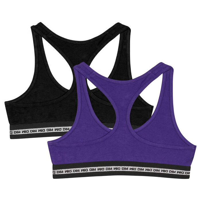 Pack of 2 girls' Purple Dim Sport stretch cotton bras with a silver print, , DIM