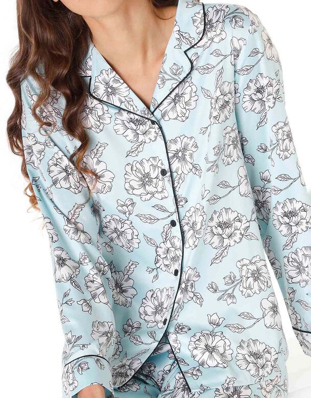Aquamarinblaues Pyjama-Set aus Satin mit Blumen-Print, , DIM