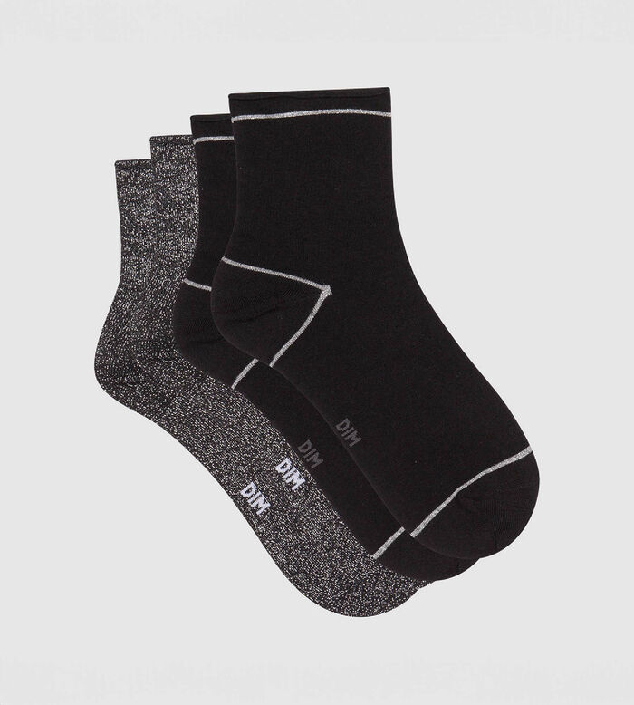 Cotton Style pack of 2 pairs of ankle socks in black cotton and silver lurex, , DIM