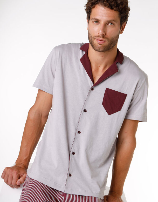 Kurzes Pyjama-Set grau/bordeauxrot mit Kontrastkragen, , DIM