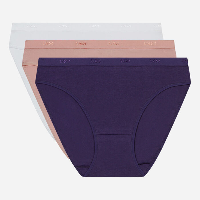 Pack of 3 women's knickers in cotton Violet Beige White Les Pockets EcoDim, , DIM