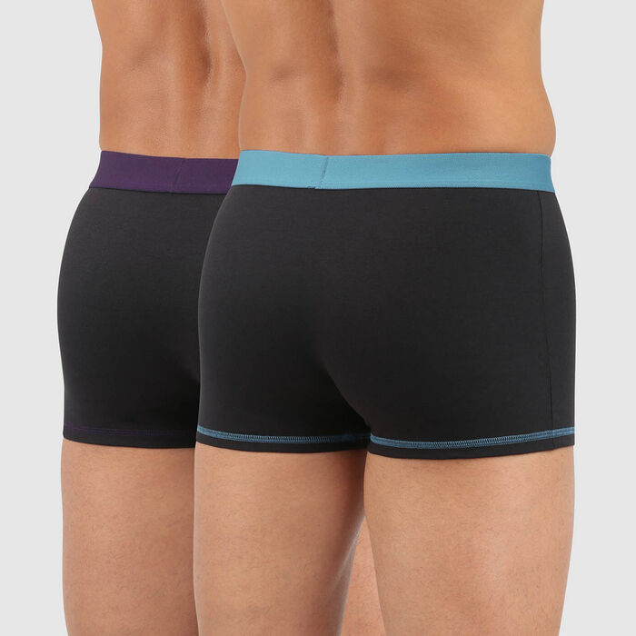 Mix and Colours pack of 2 black cotton trunks with colourful waistband in green and purple, , DIM