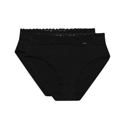 Pack of 2 pairs of Coton Plus Féminine high rise bikini knickers in black, , DIM