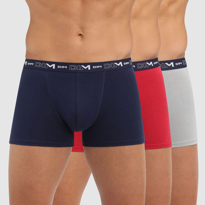 Cotton Stretch pack of 3 men's trunks in denim blue topaz red and steel grey, , DIM