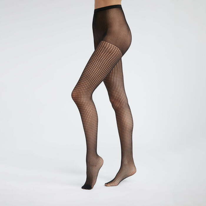 Women's semi-opaque gingham check tights in Black Dim Style