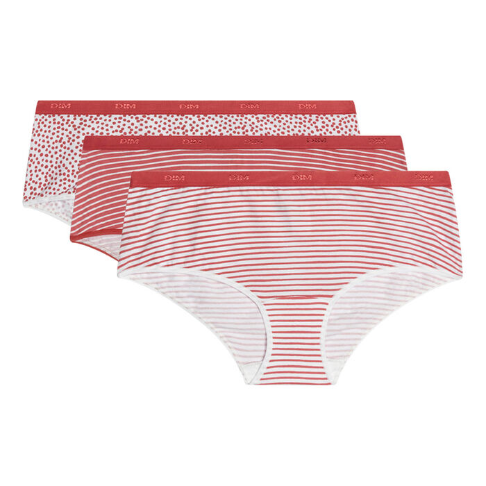Les Pockets Pack of 3 red women's stretch cotton boxers with polka dots and stripes, , DIM