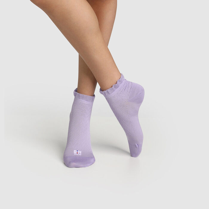 Сиреневые женские носки с принтом шотландская полоска и оборкой Dim. Сделано во Франции, , DIM