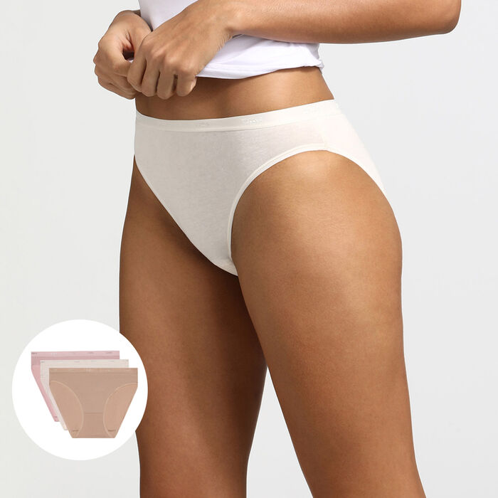 Pack of 3 pairs of Les Pockets Coton knickers in nude/pink/pearl, , DIM