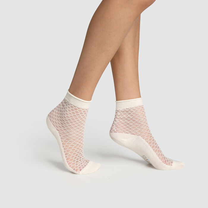 Calcetines bajos de algodón estampado escamas transparentes marfil Made in France, , DIM