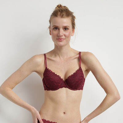 Burgundy Daily Glam floral lace padded push-up bra, , DIM