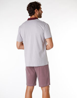 Men's short pyjamas in 100 % cotton, grey and burgundy, , DIM