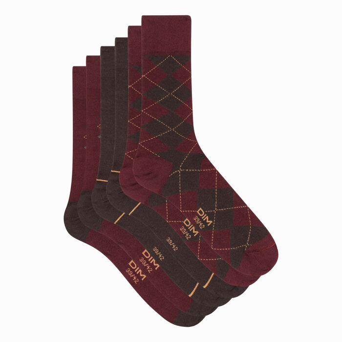 Pack of 3 pairs of men's brown checked socks Dim Coton Style, , DIM