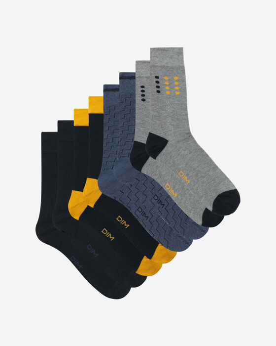 Pack of 4 pairs of men's cotton socks Navy Yellow Les Bons Plans, , DIM