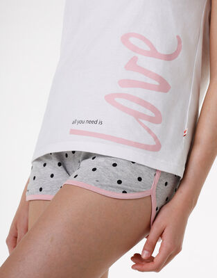 Kurzes Pyjama-Set weiß/grau mit rosanem "Love"-Print, , DIM