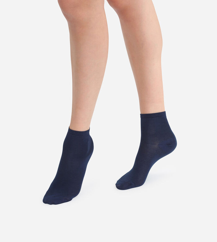 Pack of 2 pairs of navy blue Mercerized Cotton women's ankle socks, , DIM