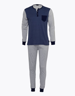 Men’s long pyjama set in cotton, navy blue and print, , DIM
