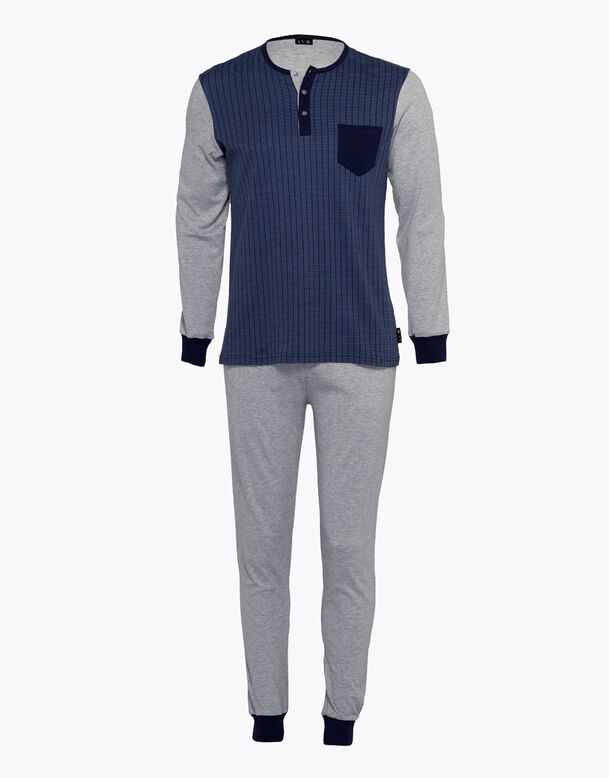 Pyjama long pour homme en coton interlock, bleu marine et imprimé, , DIM