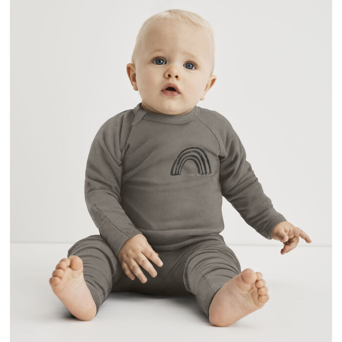 Khakifarbener Baby-Pyjama mit Reißverschluss und Regenbogen- und Herzchen-Druck aus Bio-Baumwolle, , DIM