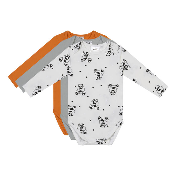 3er-Pack Langarm-Bodys aus Bio-Baumwolle orange/grau/creme mit Panda-Print - DIM Baby, , DIM
